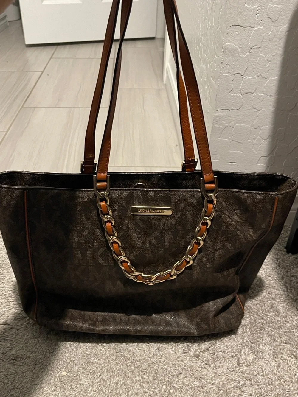 Michael Kors Dark Brown Signature Tote with Tan Leather and Gold Chain